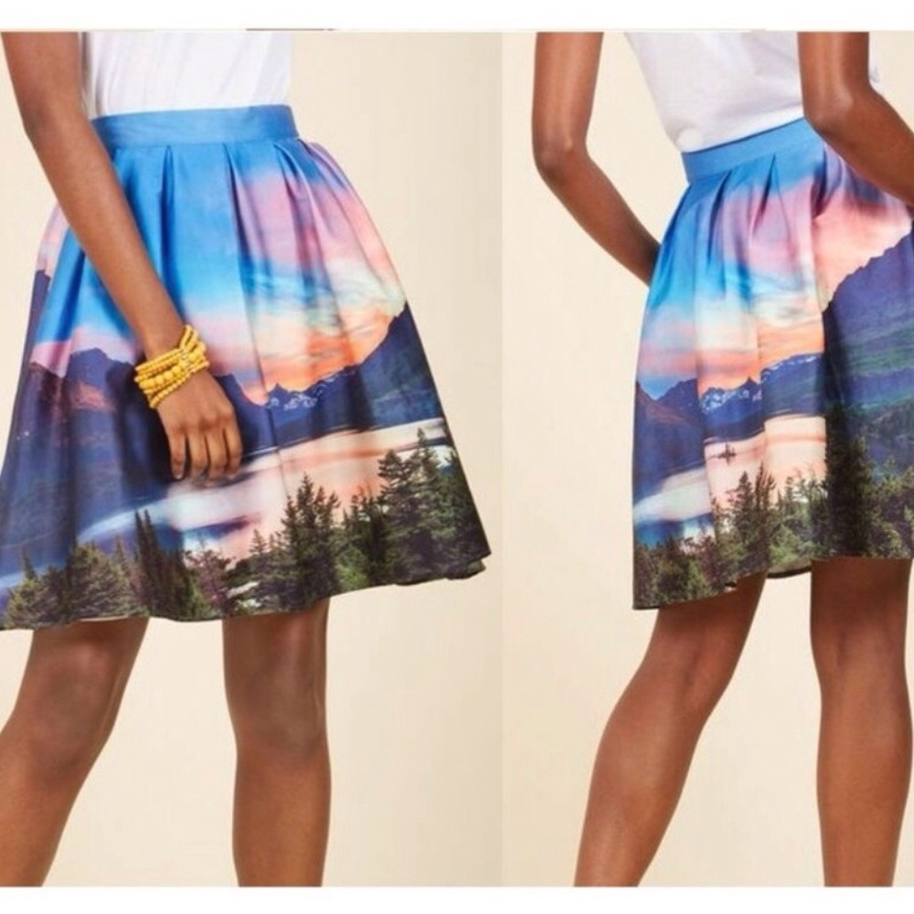 ModCloth Blue Pink Mountain Scenic Print Circle Skirt
